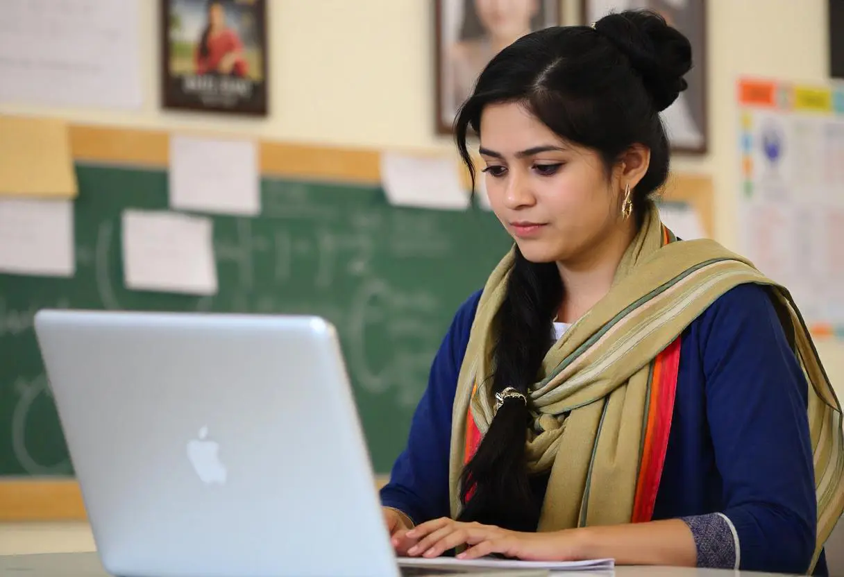 A female teacher in traditional attire using a laptop to demonstrate how to teach online, with a classroom chalkboard in the background